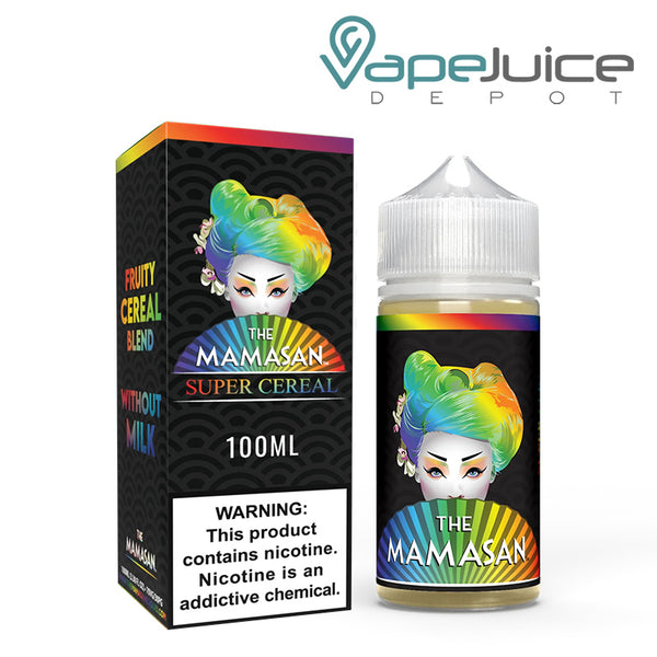 A box of Super Cereal The Mamasan eLiquid with a warning sign and a 100ml bottle next to it - Vape Juice Depot