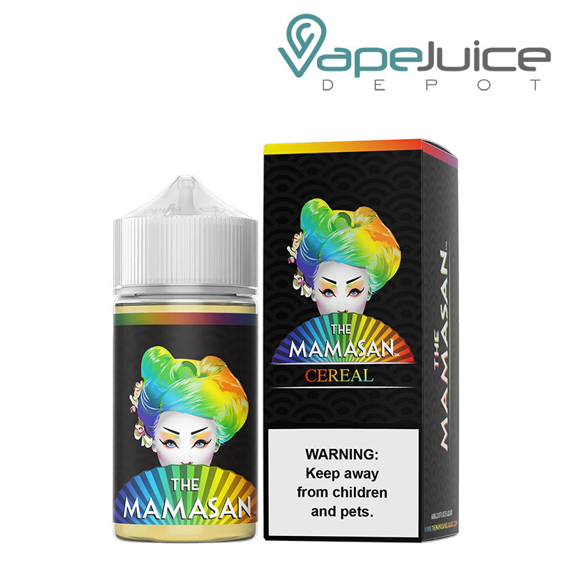 A 60ml bottle of Super Cereal The Mamasan eLiquid and a box with a warning sign next to it - Vape Juice Depot