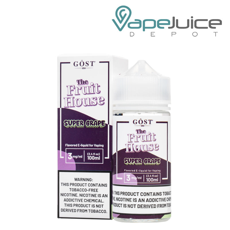 A box of Super Grape The Fruit House TFN with a warning sign and a 100ml bottle next to it - Vape Juice Depot