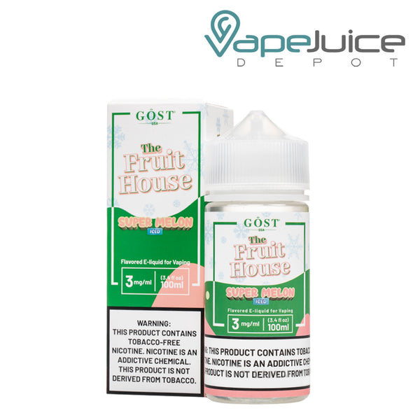 A box of Super Melon Ice The Fruit House TFN with a warning sign and a 100ml bottle next to it - Vape Juice Depot