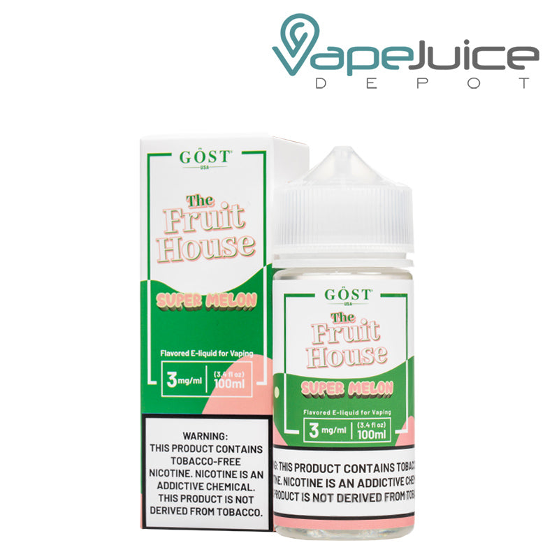 A box of Super Melon The Fruit House TFN with a warning sign and a 100ml bottle next to it - Vape Juice Depot