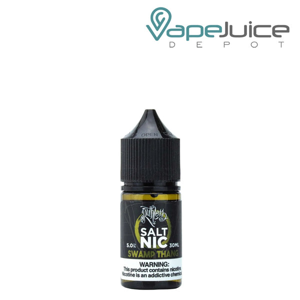 A 30ml bottle of Swamp Thang Ruthless Salt Nic with a warning sign - Vape Juice Depot