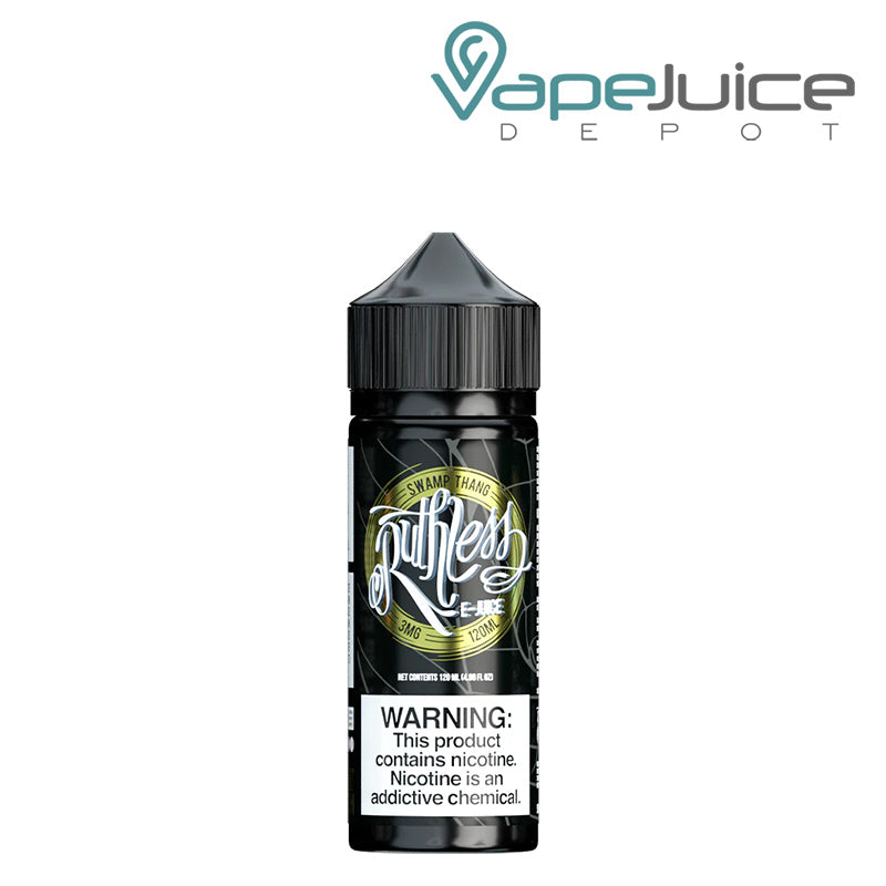 A 120ml bottle of Swamp Thang Ruthless Vapor with a warning sign - Vape Juice Depot