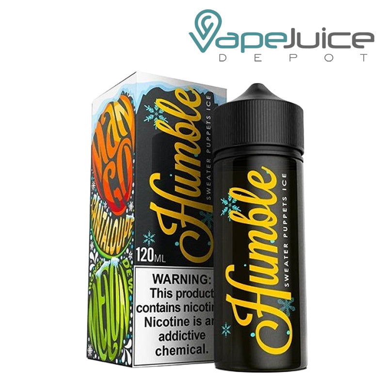 A Box of Sweater Puppets Ice Humble eLiquid with a warning sign and a 120ml bottle next to it - Vape Juice Depot