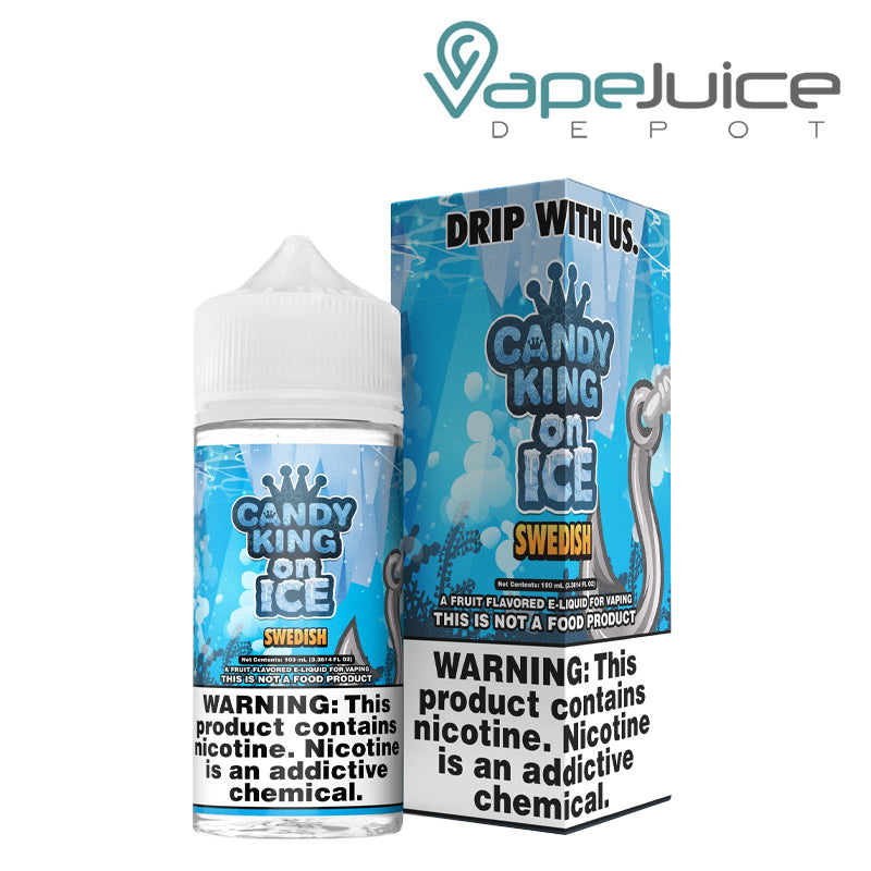 A 100ml bottle of Swedish Candy King On Ice eLiquid and a box with a warning sign next to it - Vape Juice Depot