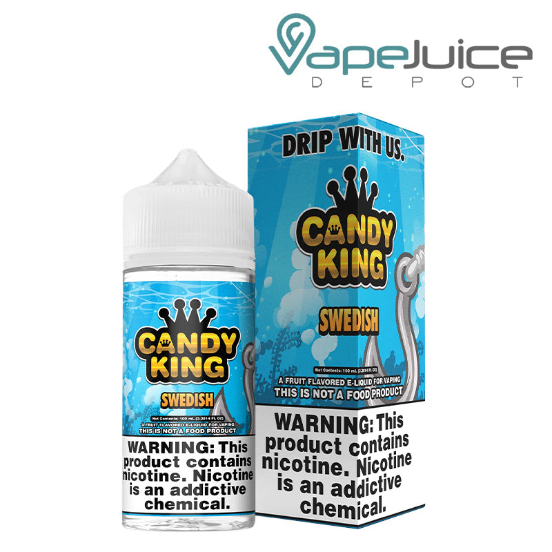 A 100ml bottle of Swedish Candy King eLiquid and a box with a warning sign next to it - Vape Juice Depot