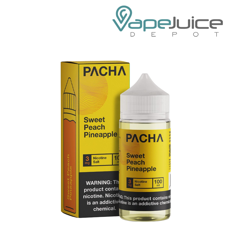 A Box of Sweet Peach Pineapple Pacha with a warning sign and a 100ml bottle next to it - Vape Juice Depot