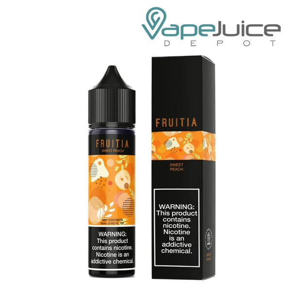 A 60ml bottle of Sweet Peach Fruitia Fresh Farms with a warning sign and a box next to it - Vape Juice Depot