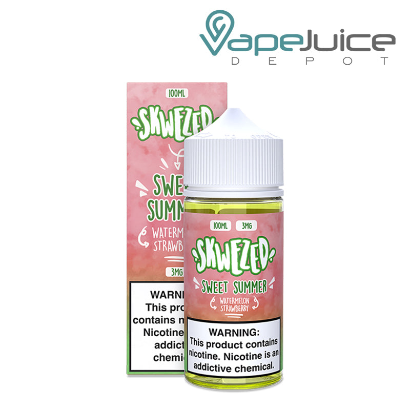 A box of Sweet Summer Skwezed eLiquid with a warning sign and a 100ml bottle next to it - Vape Juice Depot