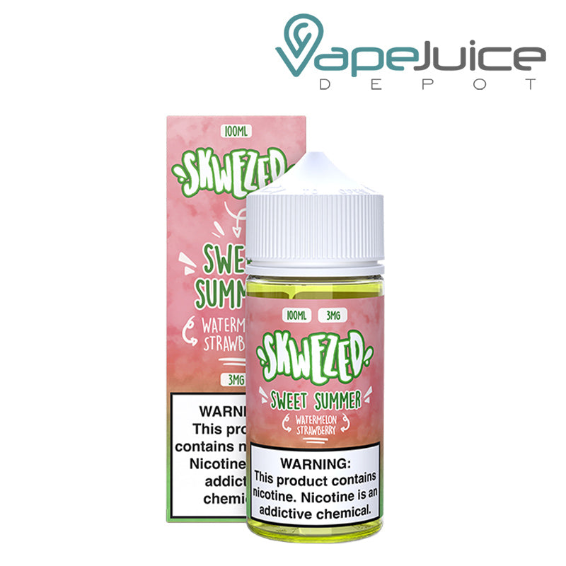 A Box of Sweet Summer Skwezed eLiquid with a warning sign and a 100ml bottle next to it - Vape Juice Depot