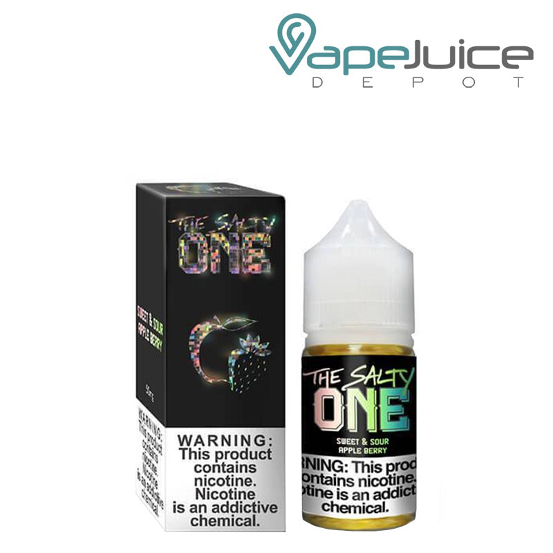 A box of Sweet & Sour Apple Berry The Salty One eLiquid with a warning sign and a 30ml bottle next to it - Vape Juice Depot