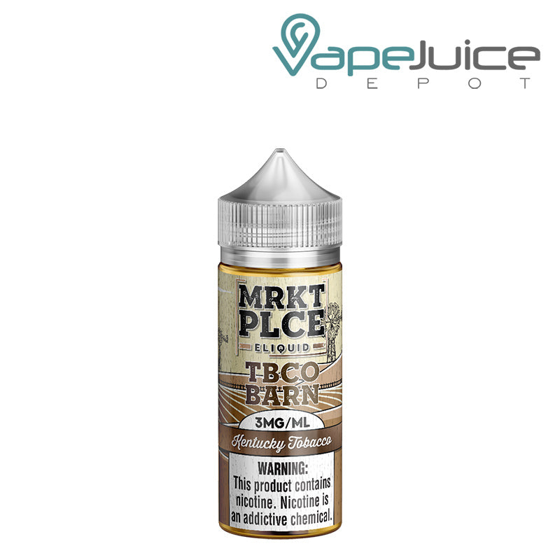 A 100ml bottle of Kentucky Tobacco MRKTPLCE TBCO Barn with a warning sign - Vape Juice Depot