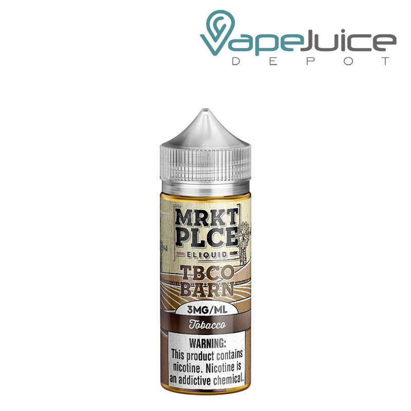 A 100ml bottle of Tobacco MRKTPLCE TBCO Barn with a warning sign - Vape Juice Depot