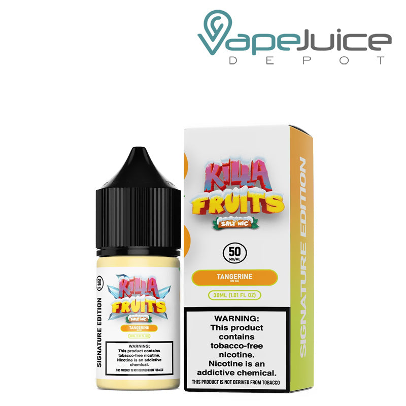 A 30ml bottle of Tangerine On Ice Killa Fruits Signature TFN Salt and a box with a warning sign next to it - Vape Juice Depot