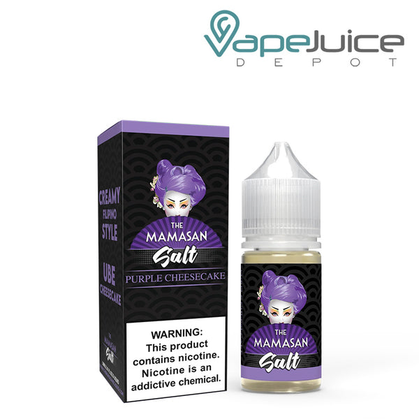 A box of Taro Cheesecake The Mamasan Salt with a warning sign and a 30ml bottle next to it - Vape Juice Depot