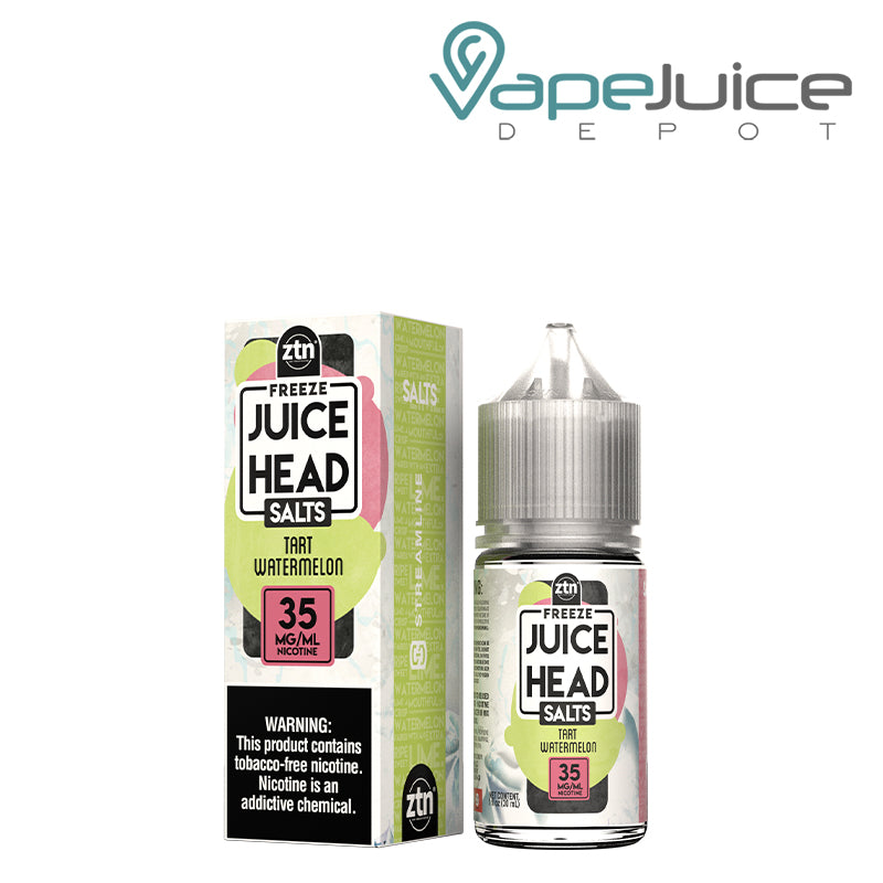 A box of 35mg Tart Watermelon ZTN Salts Juice Head Freeze with a warning sign and a 30ml bottle next to it - Vape Juice Depot