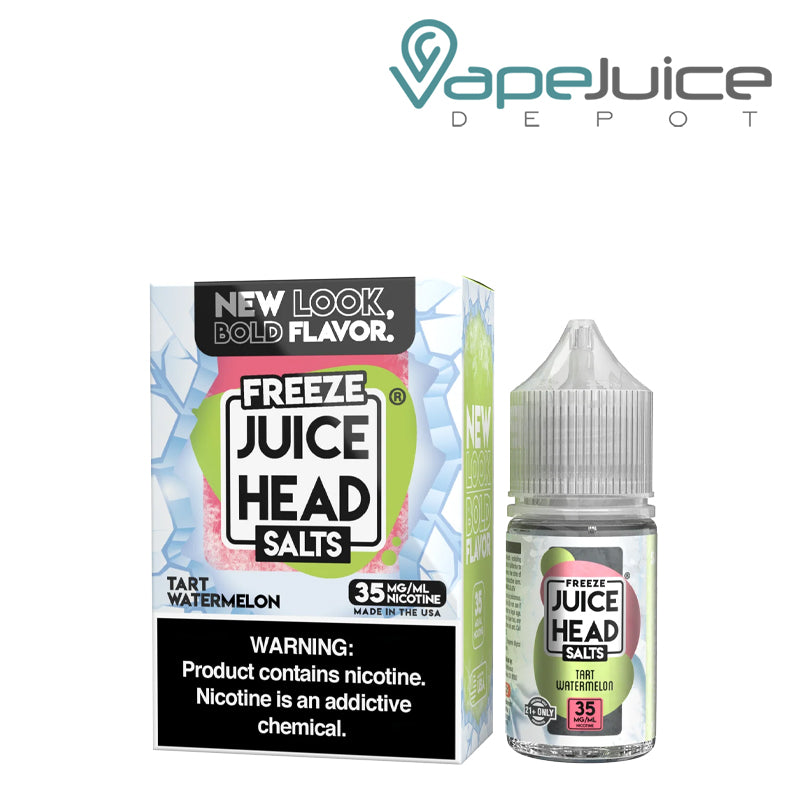 A Box of Tart Watermelon ZTN Salts Juice Head Freeze with a warning sign and a 30ml bottle next to it - Vape Juice Depot