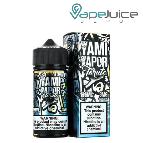 A 100ml bottle of Taruto Yami Vapor and a box with a warning sign next to it - Vape Juice Depot