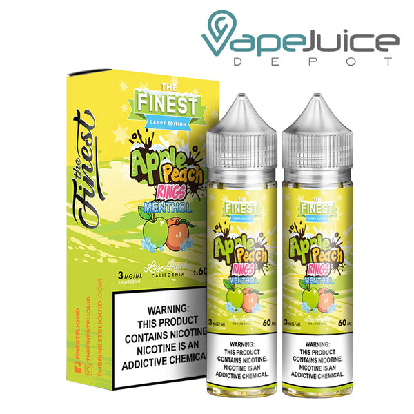 A box of Apple Peach Sour on ICE Finest Sweet & Sour with a warning sign and two 60ml bottles next to it - Vape Juice Depot