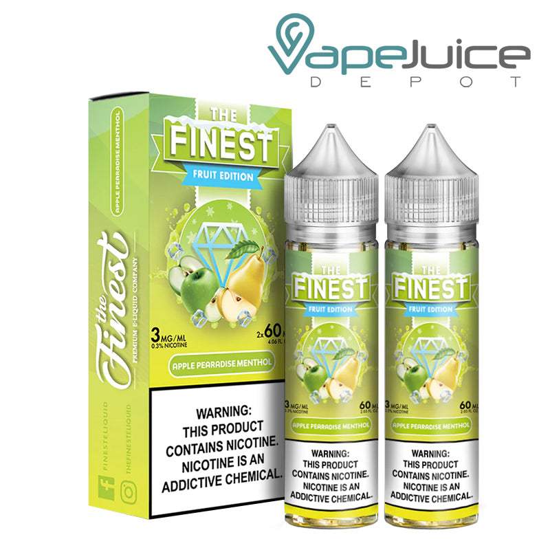 A box of Apple Pearadise Menthol Finest Fruit Edition with a warning sign and two 60ml bottles next to it - Vape Juice Depot