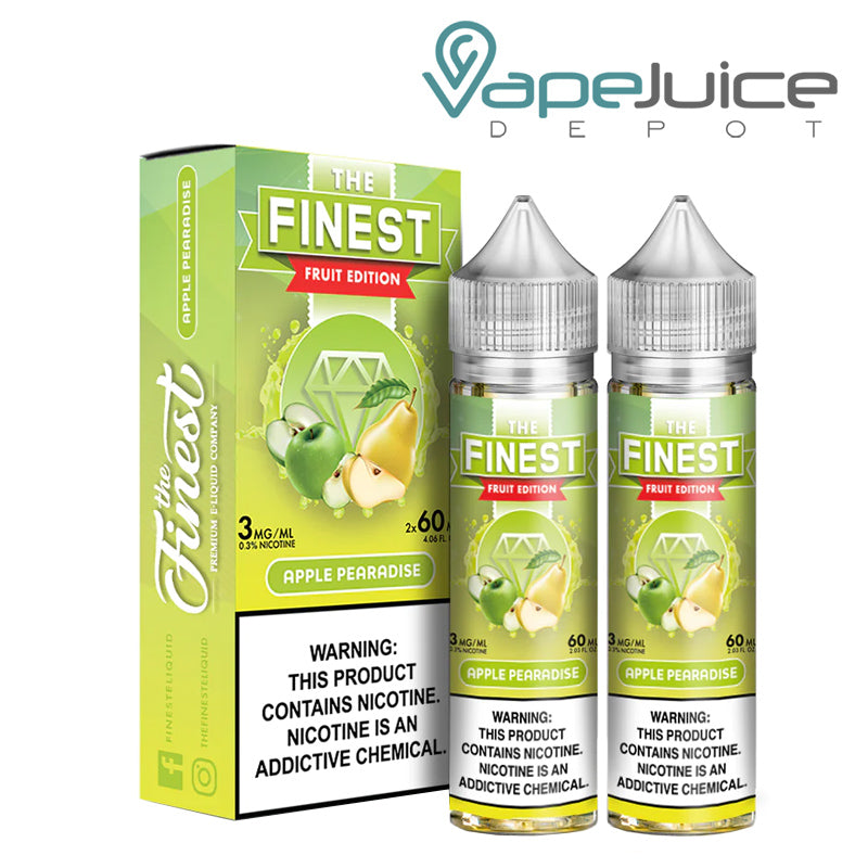 A box of Apple Pearadise Finest Fruit Edition with a warning sign and two 60ml bottles next to it - Vape Juice Depot