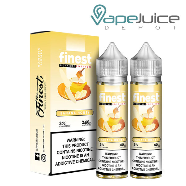 A box of Banana Honey Finest Signature Edition with a warning sign and two 60ml bottles next to it - Vape Juice Depot