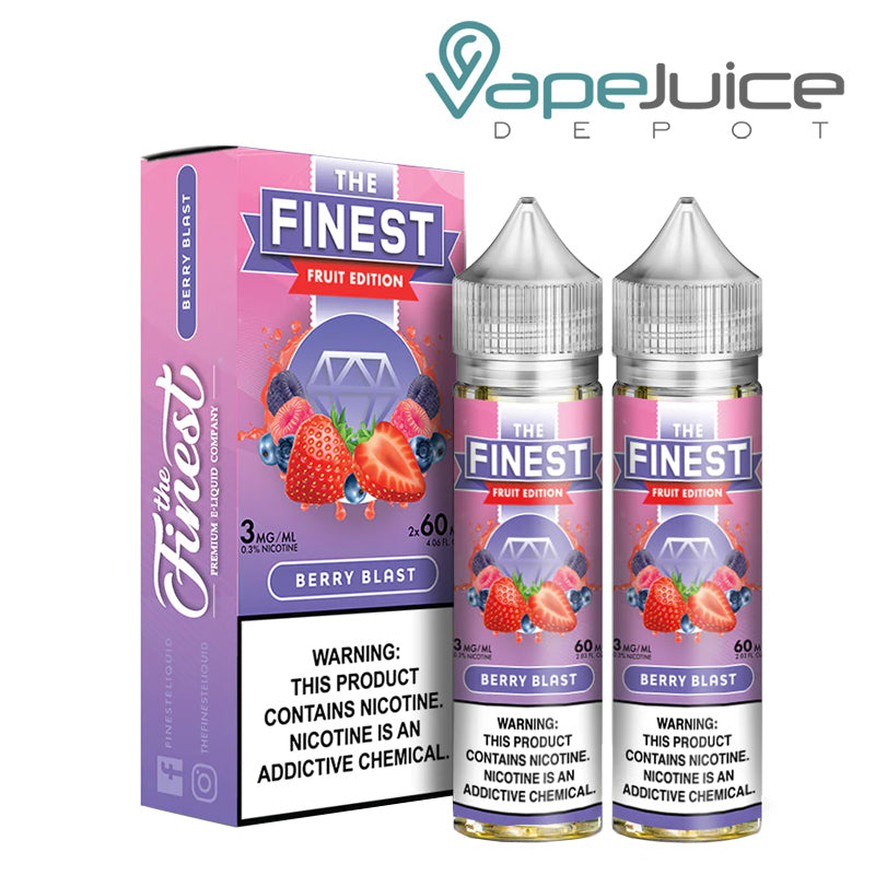 A box of Berry Blast Finest Fruit Edition with a warning sign and two 60ml bottles next to it - Vape Juice Depot