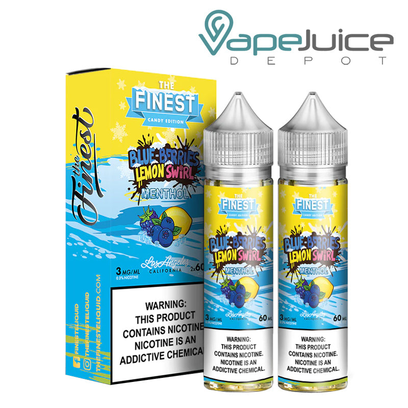 A box of Blue Berries Lemon Swirl on ICE Finest Sweet & Sour with a warning sign and two 60ml bottles next to it - Vape Juice Depot