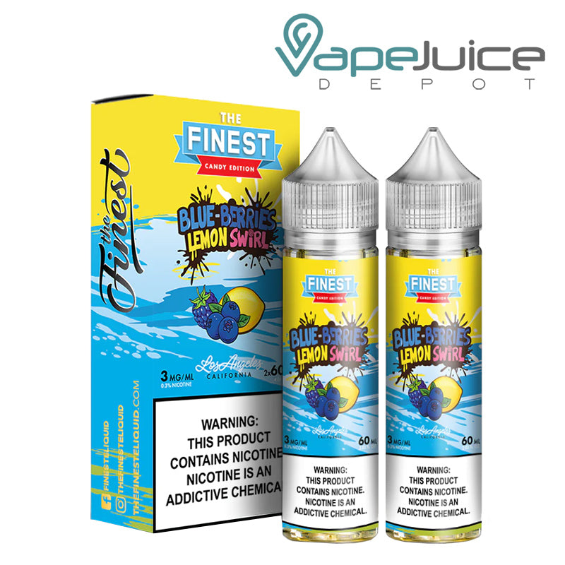 A box of Blue Berries Lemon Swirl Finest Sweet & Sour with a warning sign and two 60ml bottles next to it - Vape Juice Depot