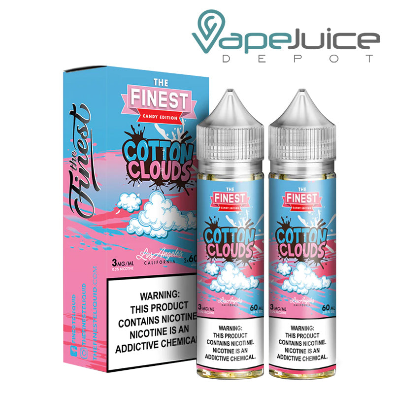 A box of Cotton Clouds Finest Sweet & Sour with a warning sign and two 60ml bottles next to it - Vape Juice Depot