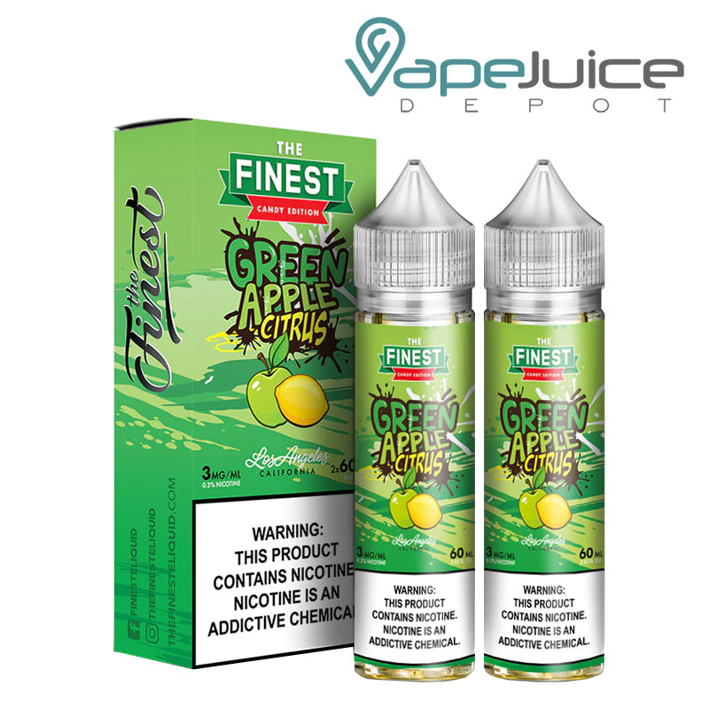 A box of Green Apple Citrus Finest Sweet & Sour with a warning sign and two 60ml bottles next to it - Vape Juice Depot