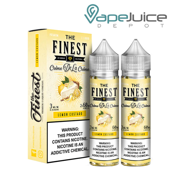 A box of Lemon Custard Finest eLiquid with a warning sign and two 60ml bottles next to it - Vape Juice Depot