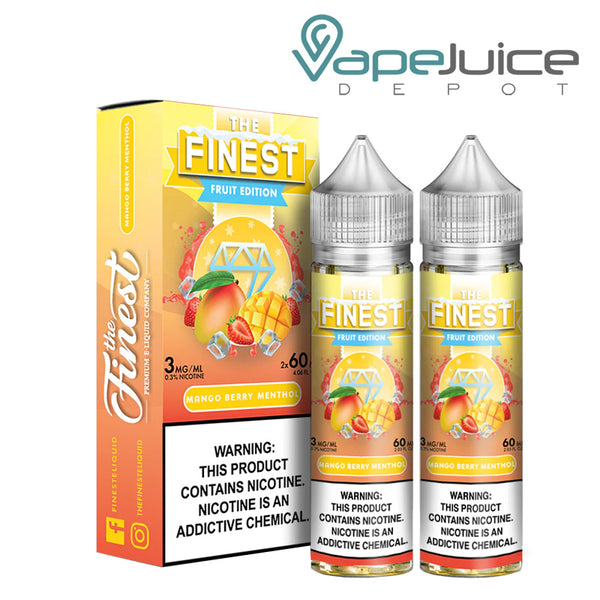 A box of Mango Berry menthol Finest Fruit Edition with a warning sign and two 60ml bottles next to it - Vape Juice Depot