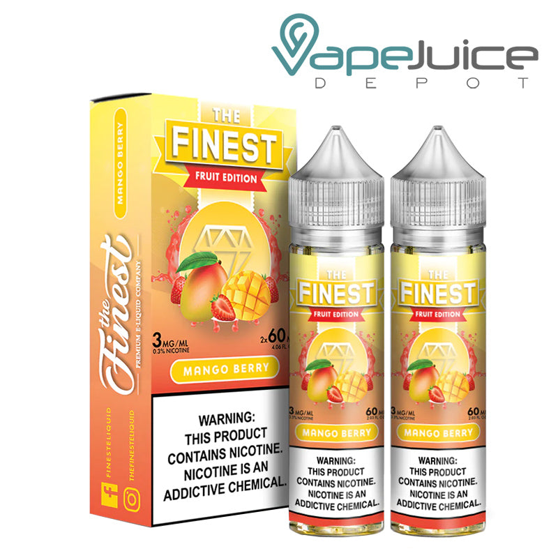 A box of Mango Berry Finest Fruit Edition with a warning sign and two 60ml bottles next to it - Vape Juice Depot