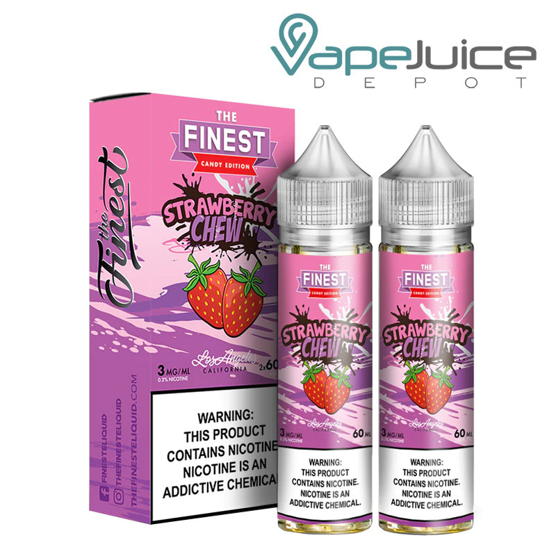 A box of Strawberry Chew Finest Sweet & Sour with a warning sign and two 60ml bottles next to it - Vape Juice Depot