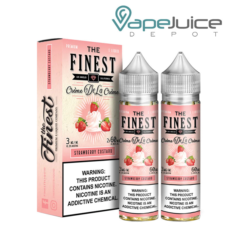 A box of Strawberry Custard Finest eLiquid with a warning sign and two 60ml bottles next to it - Vape Juice Depot