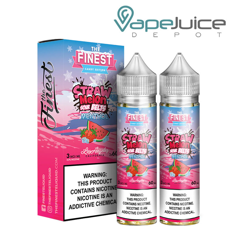 A box of Straw Melon Sour On ICE Finest Sweet & Sour with a warning sign and two 60ml bottles next to it - Vape Juice Depot