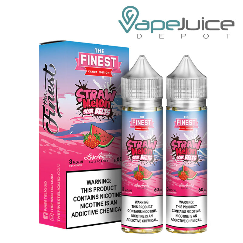 A box of Straw Melon Sour Finest Sweet & Sour and two 60ml bottles with a warning sign next to it - Vape Juice Depot