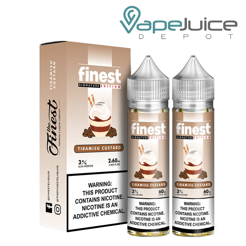 A box of Tiramisu Custard Finest Signature with a warning sign and two 60ml bottles - Vape Juice Depot