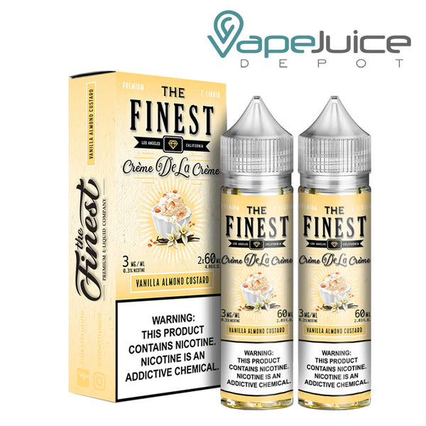 A box of Vanilla Almond Custard Finest eLiquid with a warning sign and two 60ml bottles next to it - Vape Juice Depot