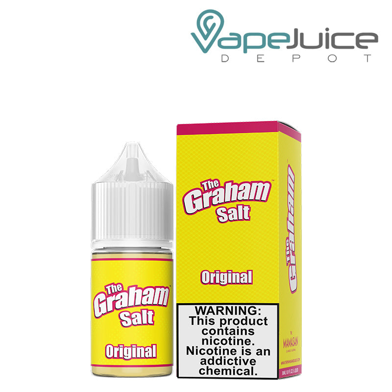 A 30ml bottle of The Graham Salt Mamasan and a box with a warning sign next to it - Vape Juice Depot