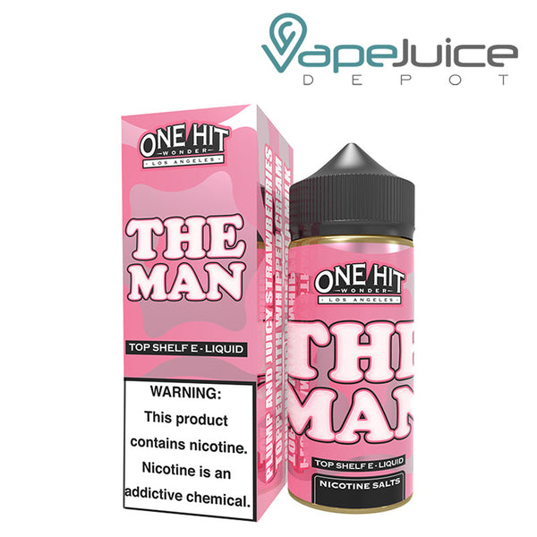 A box of The Man One Hit Wonder with a warning sign and a 100ml bottle next to it - Vape Juice Depot