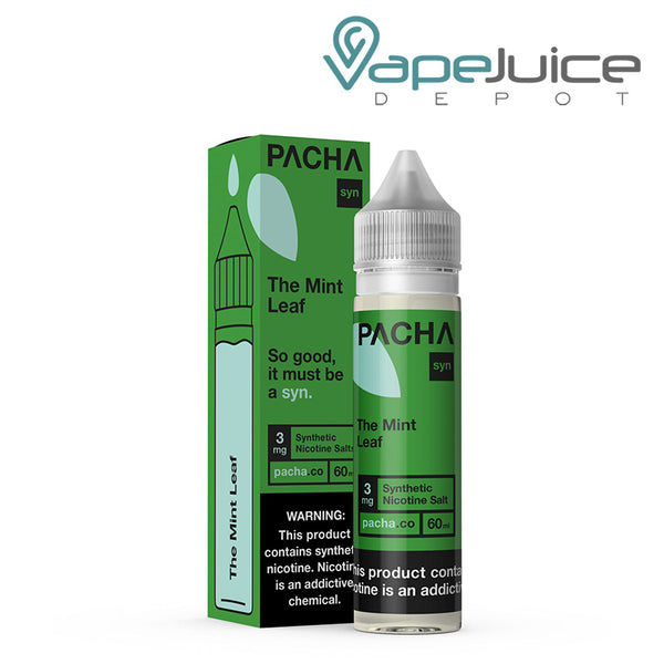 A box of The Mint Leaf Honeydew Berry Kiwi PachaMama with a warning sign and a 60ml bottle next to it - Vape Juice Depot