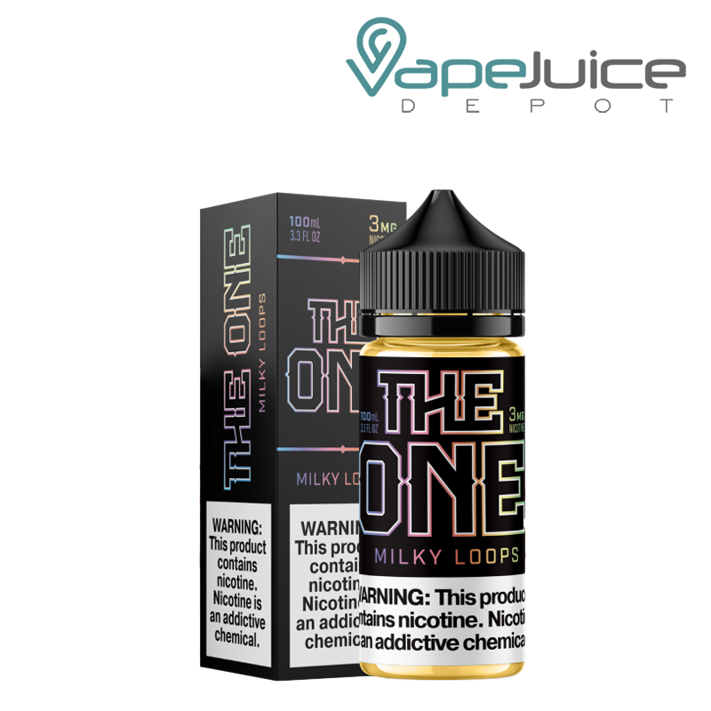 A Box of Milky Loops The One eLiquid with a warning sign and a 100ml bottle next to it - Vape Juice Depot