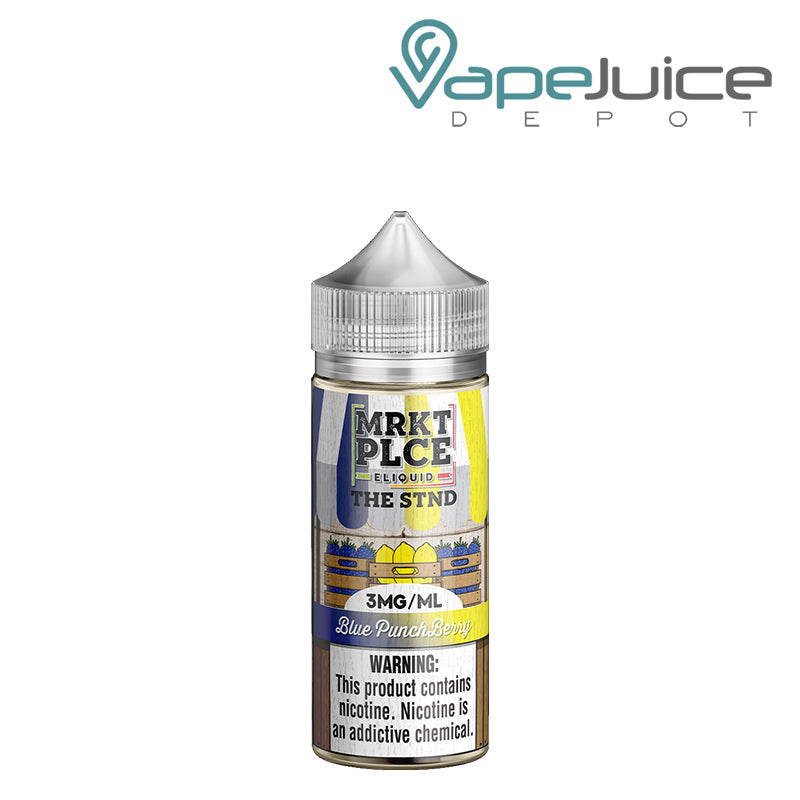 A 100ml bottle of Blue Punch Berry MRKTPLCE The STND with a warning sign - Vape Juice Depot