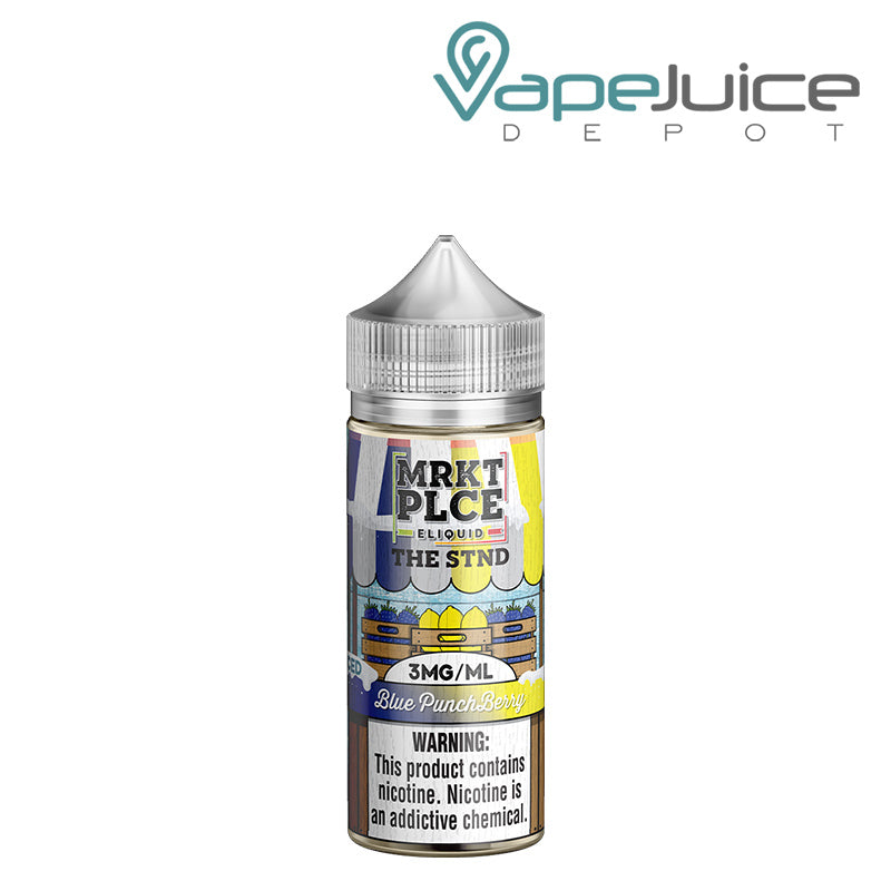 A 100ml bottle of Iced Blue Punch Berry MRKTPLCE The STND with a warning sign - Vape Juice Depot