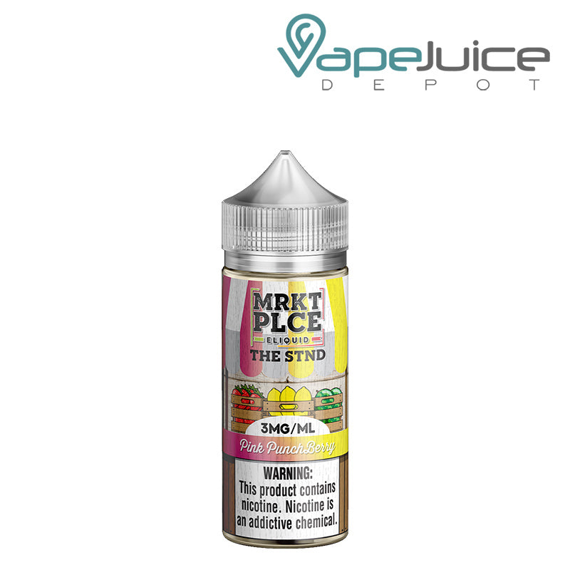 A 100ml bottle of Pink Punch Berry MRKTPLCE The STND with a warning sign - Vape Juice Depot