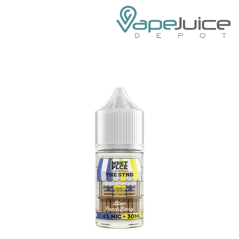 A 30ml bottle of Blue Punch Berry MRKTPLCE The STND Salts with a warning sign - Vape Juice Depot