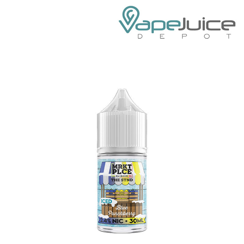 A 30ml bottle of Iced Blue Punch Berry MRKTPLCE The STND Salts with a warning sign - Vape Juice Depot