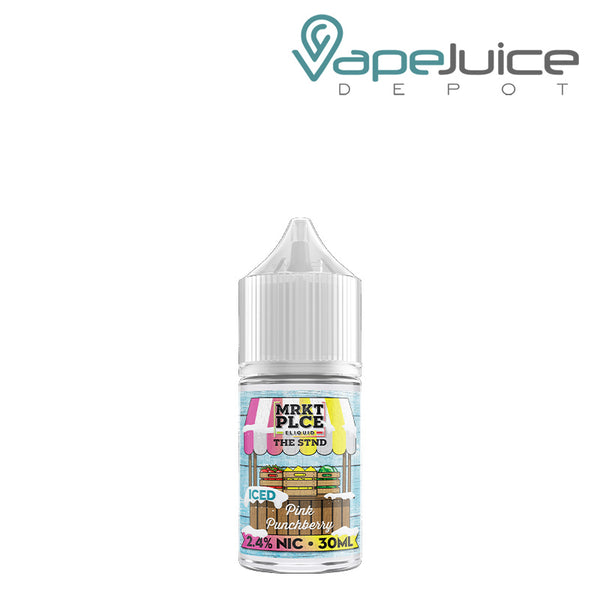 A 30ml bottle of Iced Pink Punch Berry MRKTPLCE The STND Salts with a warning sign - Vape Juice Depot